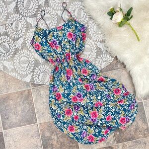 Vintage teal blue purple pink & green floral print midi length satin slip dress